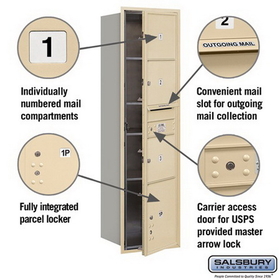 Salsbury Industries 3716S-03SFU Recessed Mounted 4C Horizontal Mailbox - Maximum Height Unit (56 3/4 Inches) - Single Column - 3 MB3 Doors / 1 PL4.5 - Sandstone - Front Loading - USPS Access