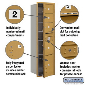Salsbury Industries 3716S-04GFP Recessed Mounted 4C Horizontal Mailbox-Maximum Height Unit (56 3/4 Inches)-Single Column-3 MB2 Doors / 1 MB3 Door / 1 PL4.5-Gold-Front Loading-Private Access