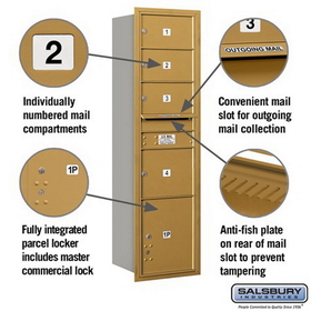 Salsbury Industries 3716S-04GRP Recessed Mounted 4C Horizontal Mailbox-Maximum Height Unit (56 3/4 Inches)-Single Column-3 MB2 Doors / 1 MB3 Door / 1 PL4.5-Gold-Rear Loading-Private Access