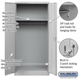 Salsbury Industries 8174GRY-U Heavy Duty Storage Cabinet - Wardrobe - 78 Inches High - 24 Inches Deep - Gray - Unassembled