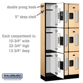 Salsbury Industries S-33365MAP See-Through Designer Wood Locker - Triple Tier - 3 Wide - 6 Feet High - 15 Inches Deep - Maple