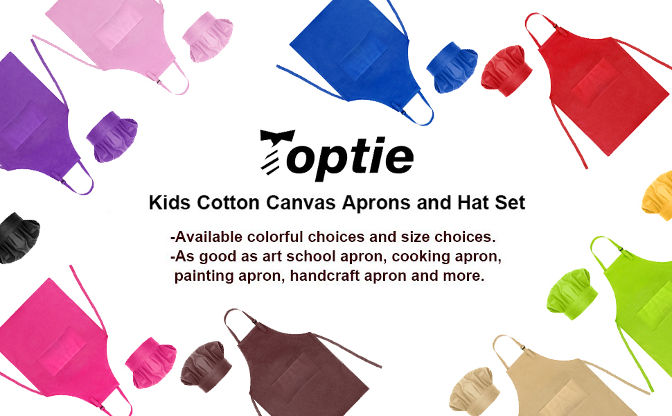 TOPTIE Cotton Canvas Kids Apron, Cooking Aprons and Chef Hat Set, S-XXL