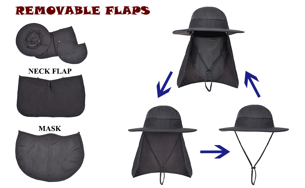 TOPTIE Summer Adjustable Wide Brim Mesh Bucket Sun Hat Neck&Face Flap Cap Fishing Hat, Removable Flaps