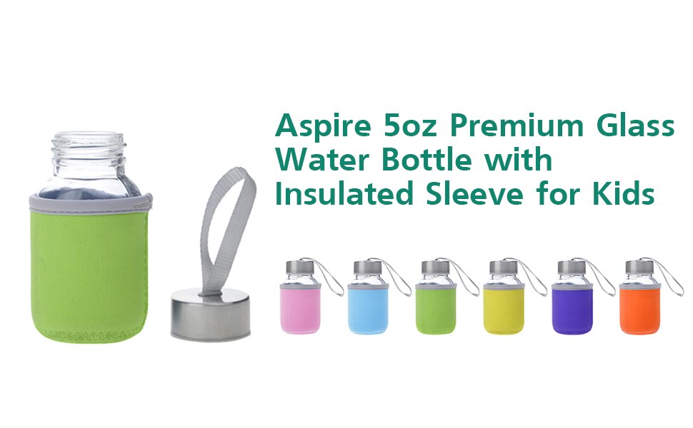 Aspire 5oz Glass Water Bottle with Insulated Sleeve, Stainless Steel Caps with Carrying Loop, Wide Mouth Leakproof Drink Bottles