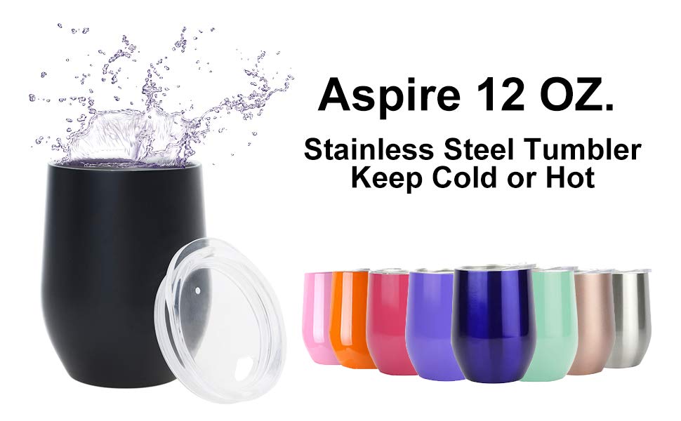 Aspire 12 Ounce 18/8 Stainless Steel Wine Glass Tumbler with Lid, Double Wall Vacuum Insulated Travel Tumbler