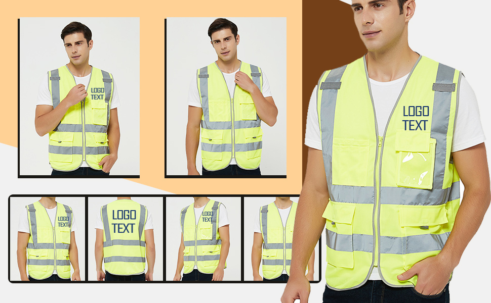 TOPTIE Customized Class 2 High Visibility Zipper Front Safety Vest With 9 Pockets and Reflective Strips, Meets ANSI/ISEA Standards