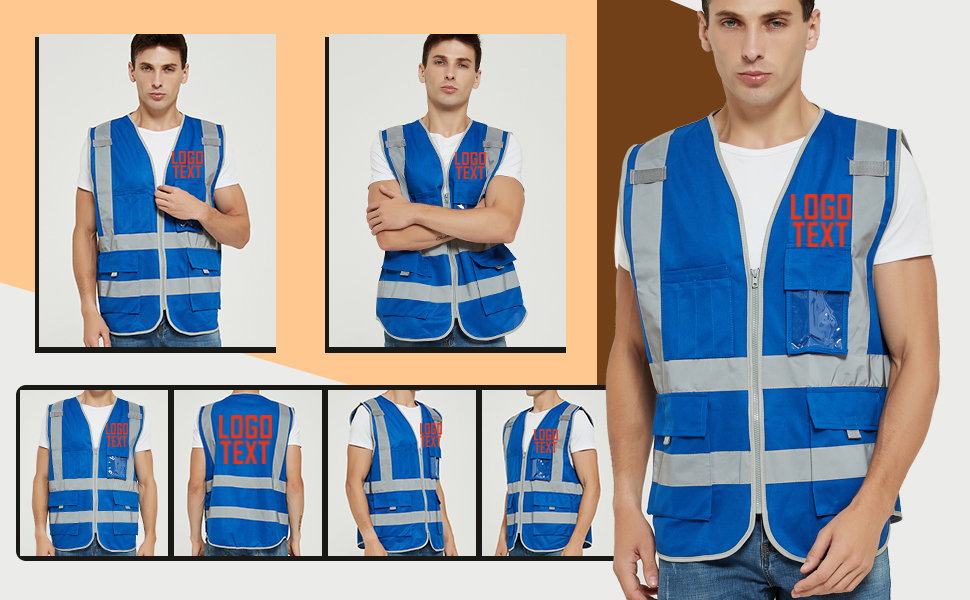 TOPTIE Custom Your Logo Reflective Safety Vest Zipper Front With 9 Pockets, Meets ANSI/ISEA Standards Class 2