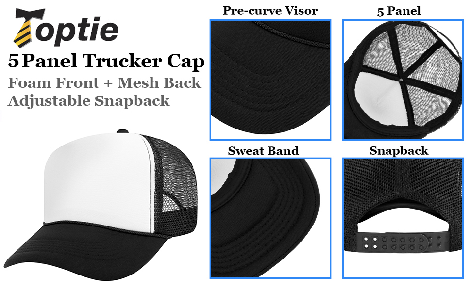 Custom TOPTIE 5 Panel Polyester Foam Front Trucker Cap with 6 Rows Visor Stitching