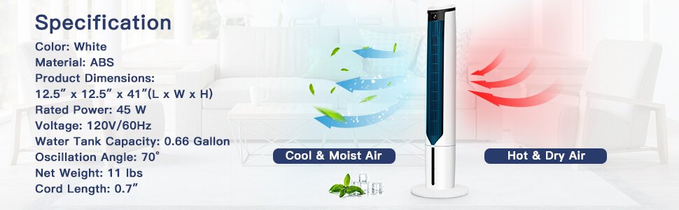 Costway 28475306 41 Inch Portable Air Cooler with 3 Modes and 3 Speeds for Bedroom