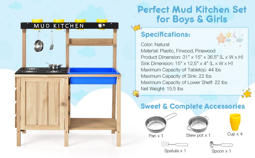 Outdoor Mud Kids Kitchen Playset Wooden Pretend Play Toy with Kitchenware