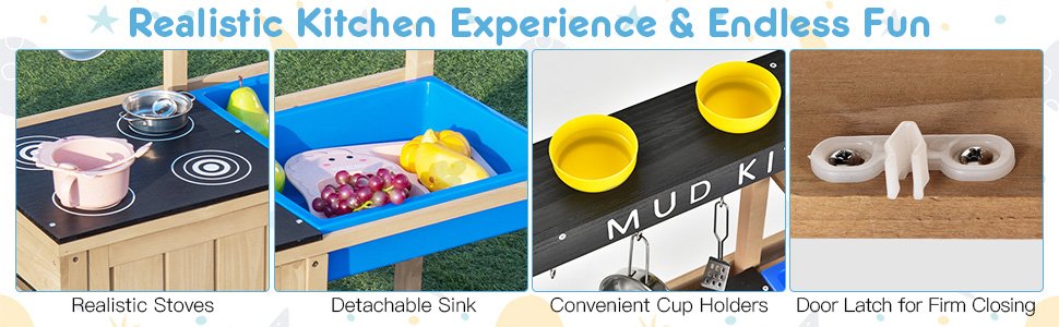 Outdoor Mud Kids Kitchen Playset Wooden Pretend Play Toy with Kitchenware