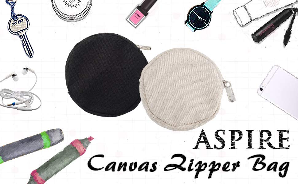 Aspire Blank and Custom Canvas Zipper Coin Pouch, Small Circle Accessories Case with Zipper, 4 Inch DIA