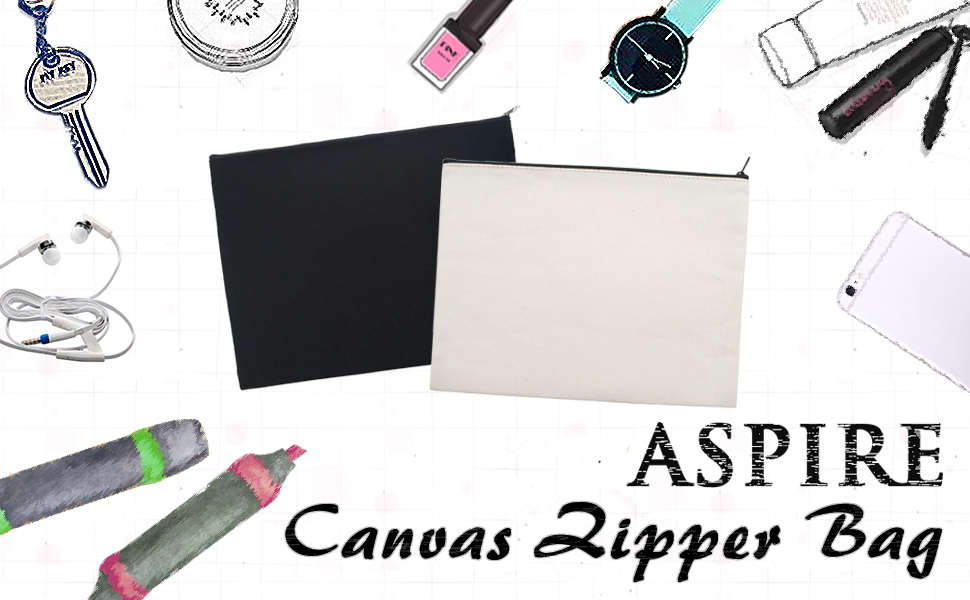 Aspire Blank and Custom Large Canvas Cosmetic Bag, Makeup Pouch with Zipper, 11-3/4 x 9-1/2 Inch DIY Storage Bag
