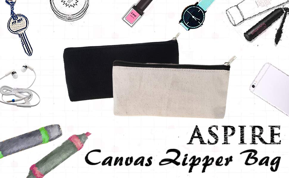 Aspire 12-Pack Canvas Pencil Case, Canvas Makeup Bag with Zipper, 7 x 3-1/8 x 1-1/2 Inch