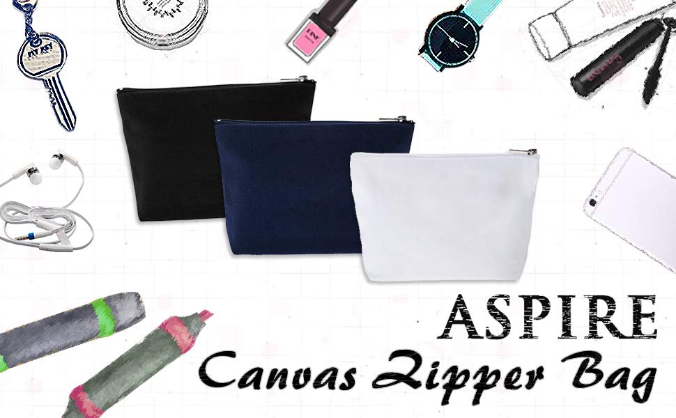 Aspire 6-Pack Canvas Zipper Bags, DIY Cosmetic Bag, 7-1/2 by 5-1/8 with 1-1/2 Inch Bottom