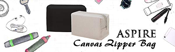 Aspire Blank and Custom Portable Canvas Zipper Cosmetic Bag, Cotton Canvas Makeup Pouch, 7 x 4 x 3 Inch