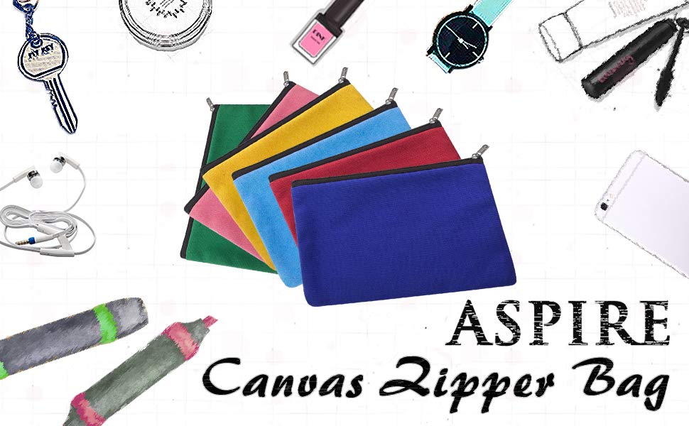 Aspire 6-Pack Multi-Purpose Cotton Canvas Bags, Makeup Pouches 7" x 5"