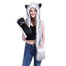 TopTie Faux Fur Hat Scarf Full Pockets Ear Flat Cap Hoodie Furry Mittens Winter Skiing Party Costume