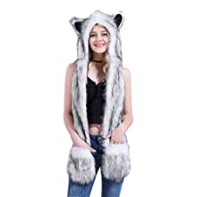 TopTie Faux Fur Hat Scarf Full Pockets Ear Flat Cap Hoodie Furry Mittens Winter Skiing Party Costume