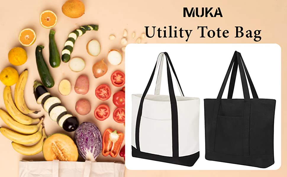Muka Large Canvas Utility Tote Bag with Outer & Inner Pocket, Top Zipper Closure, 21.5 x 16 x 6 Inch