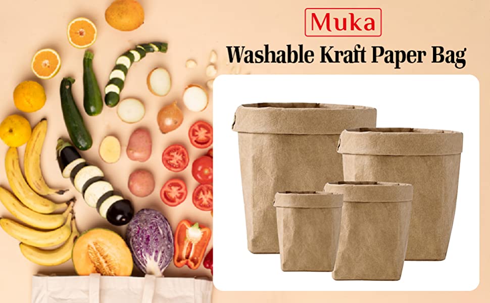 Muka 4 Pack Washable Paper Bag, Heavy-Duty Paper Bag for Pot Plant Basket