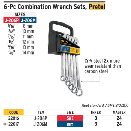Pretul 22016 Combination Wrench Set 6-pc Std