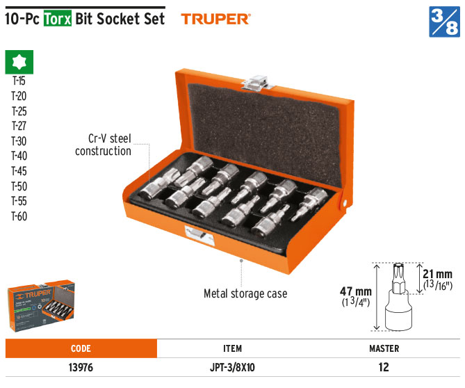 Truper 13976 Torx 3/8" Drive Socket Set 10 Pieces