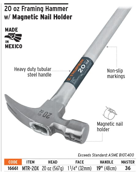Truper 16661 19"handle 20oz Framing Tubular Hammer Magnetic