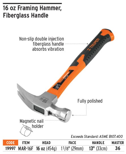 Truper 19997 16oz Fiberglass Handle Framing Hammer