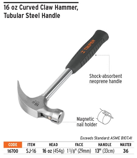Truper 16700 13 Hdl 16 Oz Curved Tubular Claw Hammer