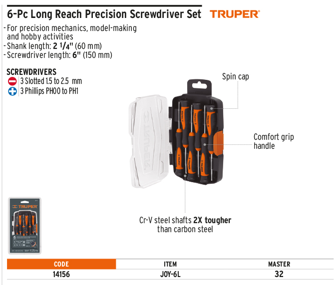 Truper 14156 Long precision screwdriver set, 6 pcs