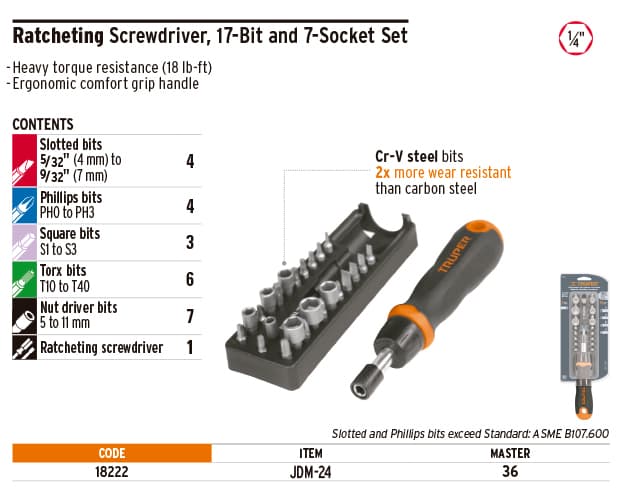 Truper 18222 Ratcheting Screwdriver, 17-Bit and 7-Socket Set