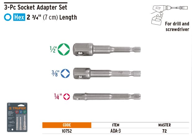 Truper 10752 /4", 3/8" & 1/2", socket adapter bit set
