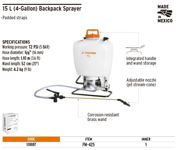 Truper 10887 4 Gal Plastic Nozzle Backpack Sprayer