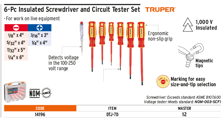 Truper 14196 6-Insulated Screwdriver Circuit Tester Set