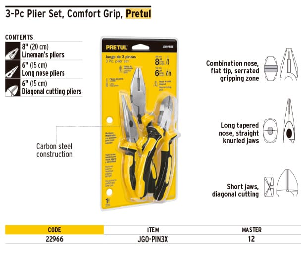 Pretul 22966 Pliers set, 3 pieces, comfort grip, Pretul