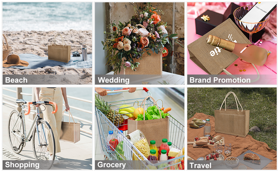 TOPTIE 6 PCS Jute Tote Bags Reusable Burlap Grocery Shopping Bags Bridesmaid Wedding Gift Bag