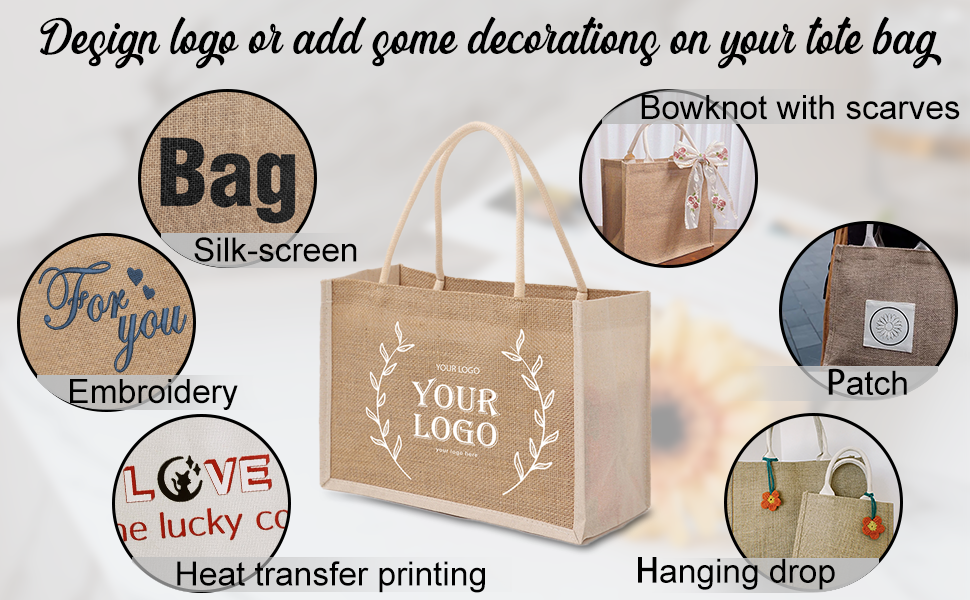 TOPTIE 6 PCS Burlap Reusable Tote Bags with Canvas Side, Bridesmaid Bag Jute Grocery Shopping Bag