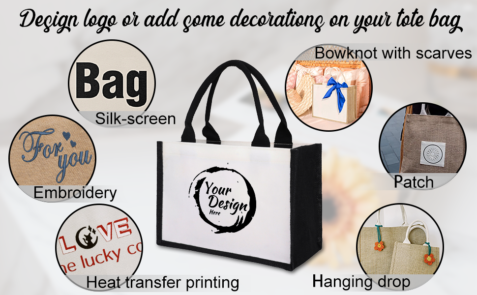 TOPTIE 6 PCS Burlap Canvas Tote Bags Black & White, Grocery Shopping Bag Beach Bag for Picnic