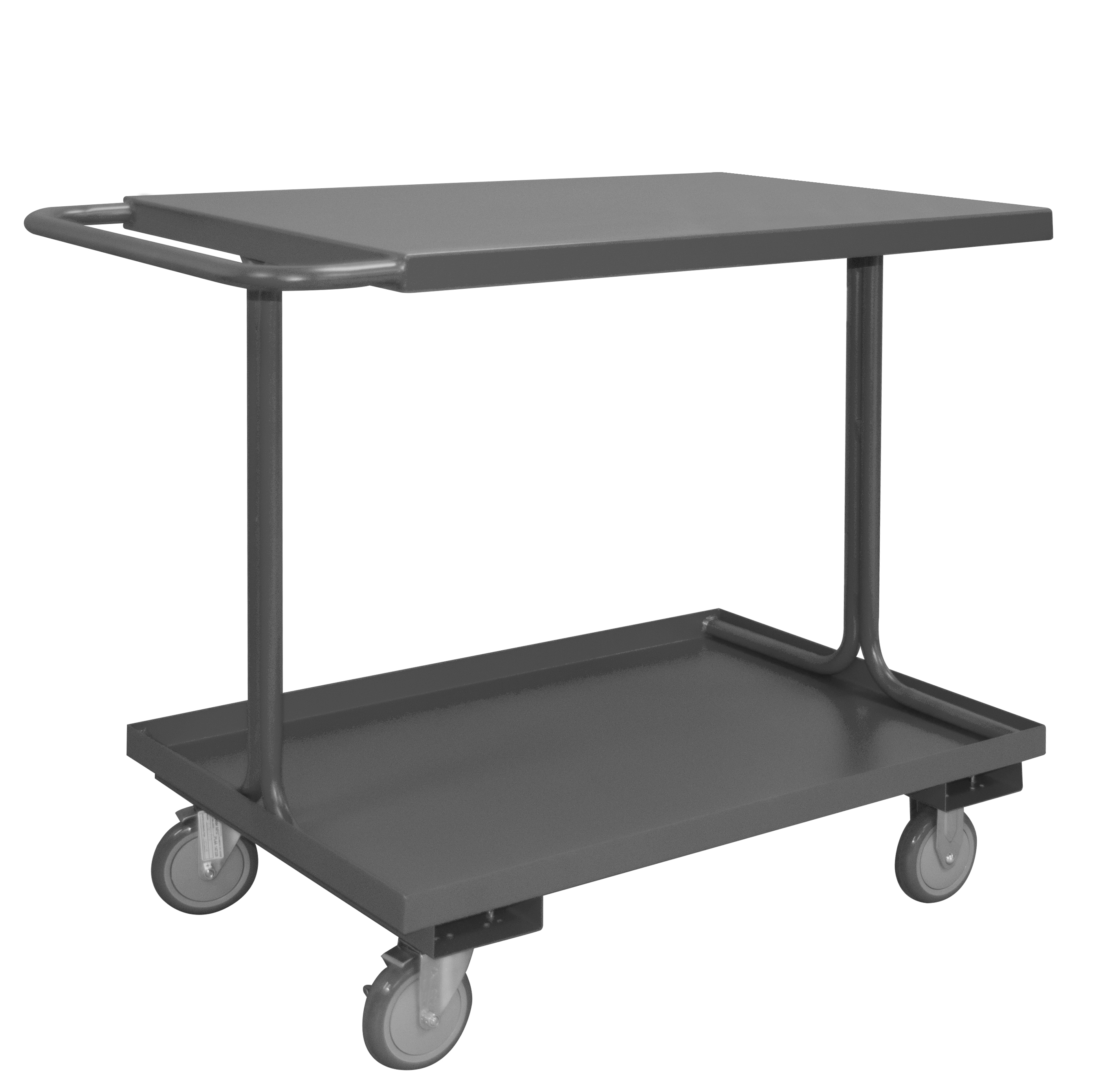 Durham EAS-1832-95 Easy Access Shelf Cart with 5" x 1-1/4" Polyurethane casters, (2) rigid and (2) swivel with side breaks, 2 shelves, 1-1/2" lips up on bottom shelf and tubular push handle, gray