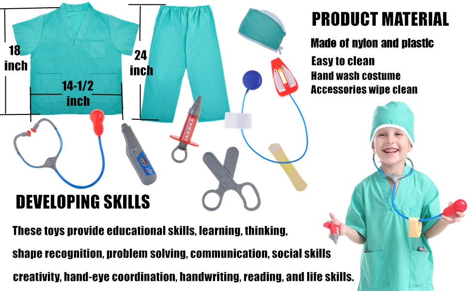 TOPTIE Kids Doctor Surgeon Dress Up Costume Boy Girl Christmas Gifts Role Play Set and Accessories, Nurse Scientist Costume