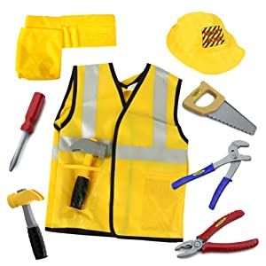TOPTIE Kids Construction Worker Costume, Includes Vest, Hat, Belt Pocket and Accessories, Christmas Gift