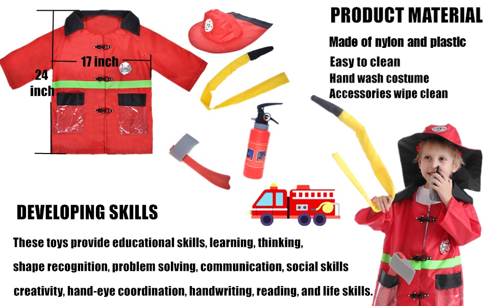 TOPTIE Fire Fighter Costume with Tools for Kids, Pretend Fireman Outfit for 3 - 7 Years Old