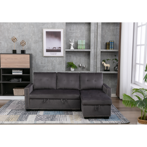 77 inch Reversible Sectional Storage Sleeper Sofa Bed, L-Shape 2 Seat Sectional Chaise with Storage, Skin-Feeling Velvet Fabric,Dark Grey Color for Living Room Furniture W120343143