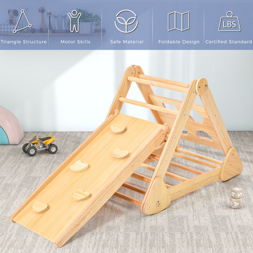 Wooden Indoor Foldable Triangle Climbing Playground Playset for Kids, 4-in-1 Gym Sets Up with Climber Ladder and Slide, Rock Climb Ramp, Wooden Climbing Toys for Toddlers WF297447AAK