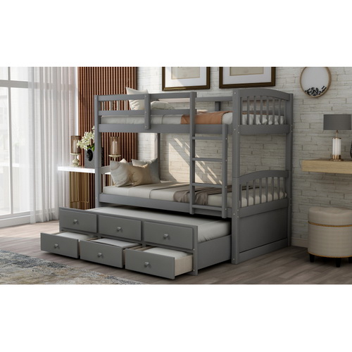 Twin Bunk Bed with Ladder, Safety Rail, Twin Trundle Bed with 3 Drawers for Bedroom, Guest Room Furniture(Gray) LT000071AAE