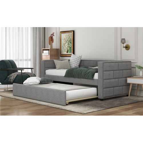Twin Size Daybed with Trundle, Upholstered Daybed with Padded Back, Gray SM000249AAE