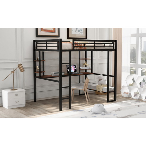 Full Size Loft Metal&MDF Bed with Long Desk and Shelves,Black SM000608AAB