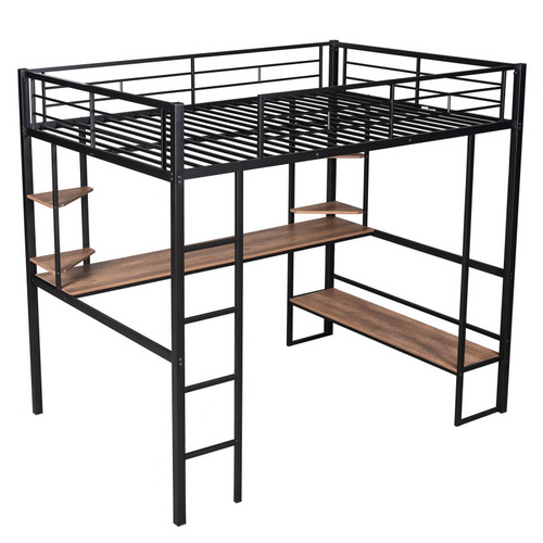 Full Size Loft Metal&MDF Bed with Long Desk and Shelves,Black SM000608AAB