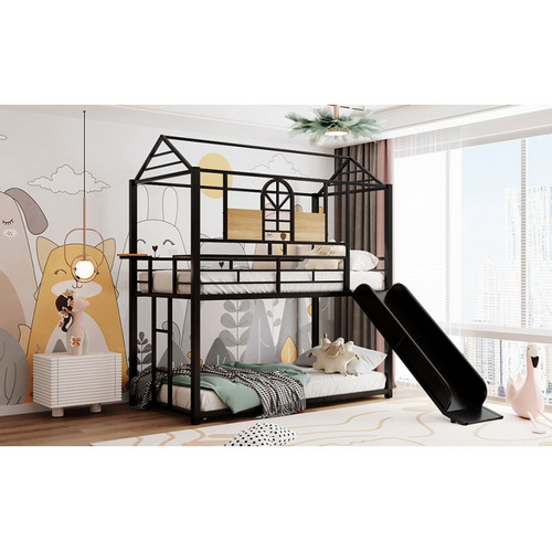 Twin Over Twin Metal Bunk Bed, Metal Housebed with Slide, Three Colors Available. (Black with Black Slide) MF291674AAB